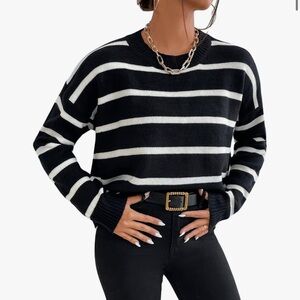 Women's Striped Drop Shoulder Sweater Long Sleeve Round Neck Pullover Top